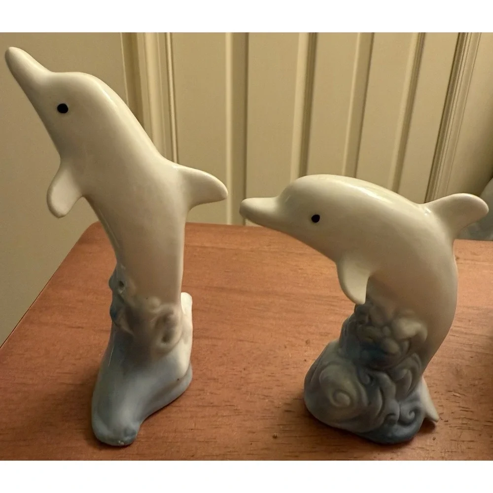 Set Of 2 Vintage Porcelain Dolphin‎ Figurine Sea Ocean Nautical